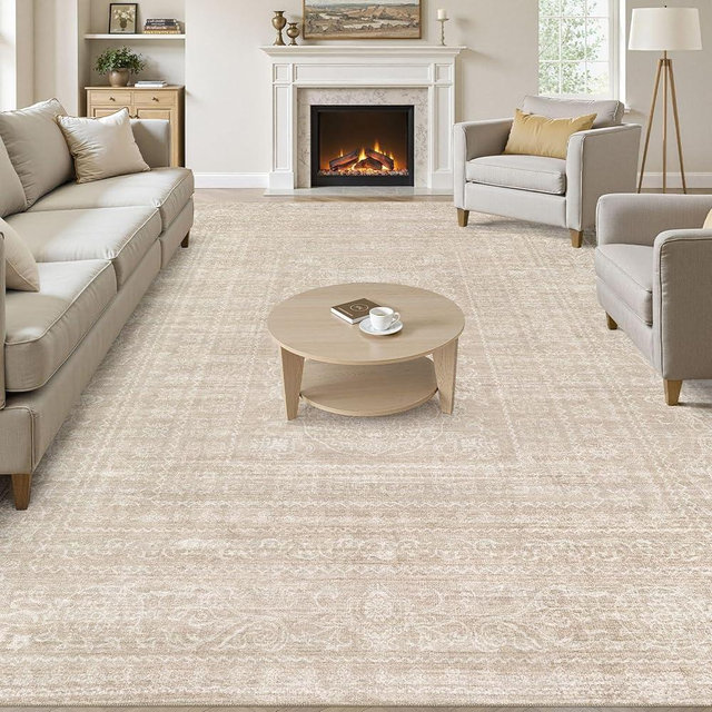 8x10 Area Rugs Living Room: Washable Large Vintage Beige Rug Neutral Non-Slip Soft Stain Resistant Indoor Carpet for Bedroom Nursery Dining Room Under Table Bed Home House Office Playroom