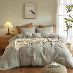 SE SOFTEXLY Muslin Duvet Cover Queen Size, 100% Washed Cotton Duvet Cover Set, Ultra Soft Comforter Cover Linen Like, 3 Pieces Minimalist Gauze Duvet Cover with 2 Pillowcases, 90"x90", Smoky-Green