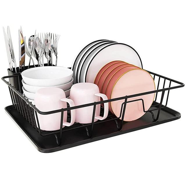 Dish Drying Rack, PINNIYOU Dish Rack with Drain Board and Utensil Holder for Kitchen Counter Cabinet, Black