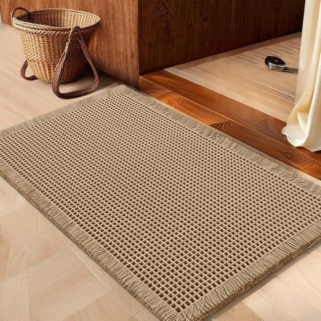 IM HOME Waffle Bath Mat Beige 24"x17", Boho Woven Modern Bath Mat Rugs, Absorbent Non Slip Bathroom Rugs, Soft Washable Bath Rugs with Tassels for Bathroom, Bedroom, Kitchen, Shower, Tub