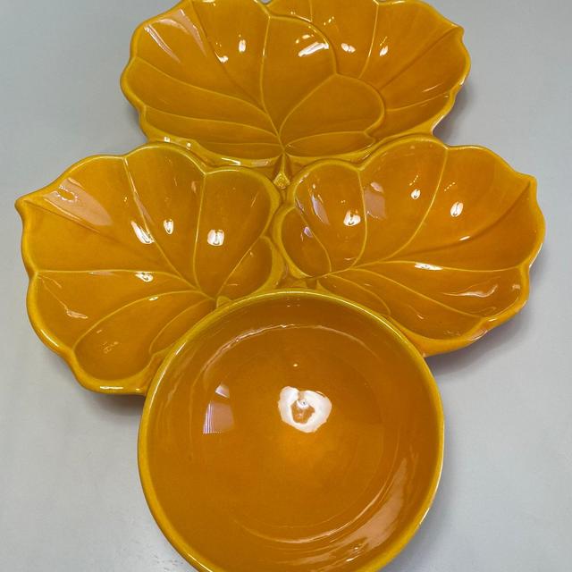 Vintage USA Chip and Dip Platter Yellow Chip and Dip Ceramic Dish Mid Century Modern Kitchenware