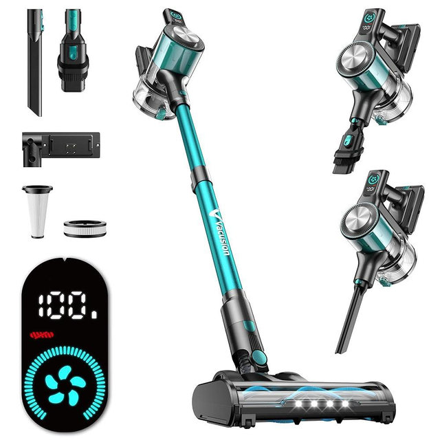 Cordless Vacuum Cleaner, 8-in-1 Cordless Stick Vacuum Cleaner with 3 Suction Modes, Up to 45mins Runtime, Rechargeable, Self-Standing, Vacuum Cleaners for Home Pet Hair Carpet Car Hard Floor, Green