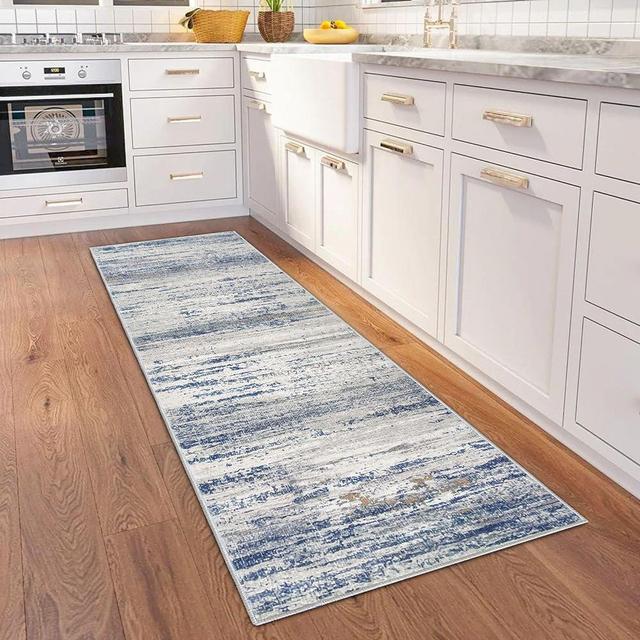 KOZYFLY Modern Abstract Washable Rug Runner 2x6 Hallway Rug Runner Non-Slip Soft Kitchen Runner Rugs, Distressed Grey-Blue Striped Carpet Runner for Entryway Bathroom Laundry Room Foyer