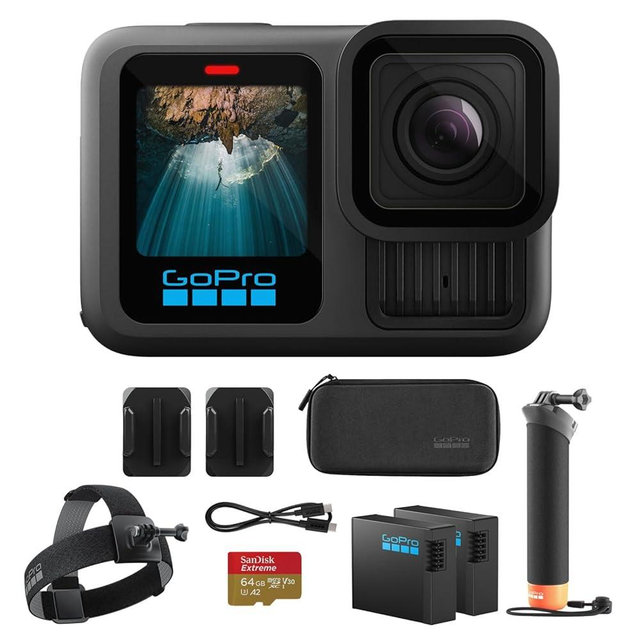 GoPro Hero13 Black 27MP Waterproof Action Camera - Special Accessory Bundle | 5.3K60 Ultra HD Video w/Handler, 2 Enduro 1900mAh Batteries, 64GB Extreme microSDXC Memory Card and Head Strap 2.0