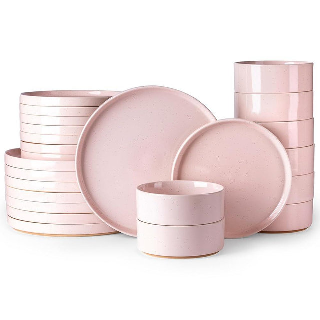 AmorArc Ceramic Dinnerware Set for 8 | Speckled Stoneware Plates and Bowls with Rustic Terracotta Underside| Scratch Resistant,Dishwasher & Microwave Safe Dishes Sets- 24pcs Pink