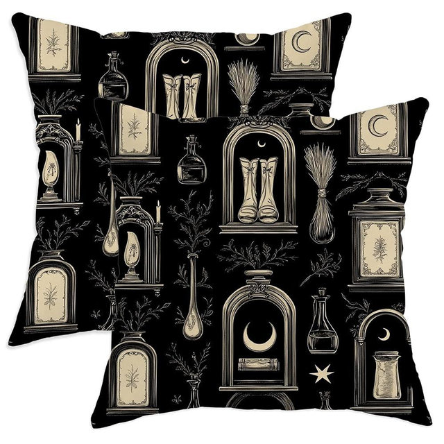 Vintage Throw Pillow Covers Set of 2, Black and Cream Witchcraft Inspired Cushion Cases, Halloween Decorative Square Home Decor for Sofa Bed Couch 26x26 Inch