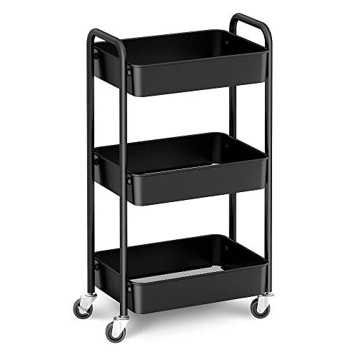 CAXXA 3-Tier Rolling Metal Storage Organizer - Mobile Utility Cart with Caster Wheels (Black)