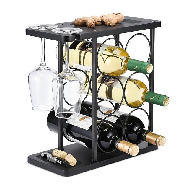 ALLCENER Modern Wine Rack Countertop, Matte Black 6 Bottle Wine Rack with Glass Holder, Metal Wine Holder Stand with Shelf & Corkscrew Tray for Home Bar & Kitchen