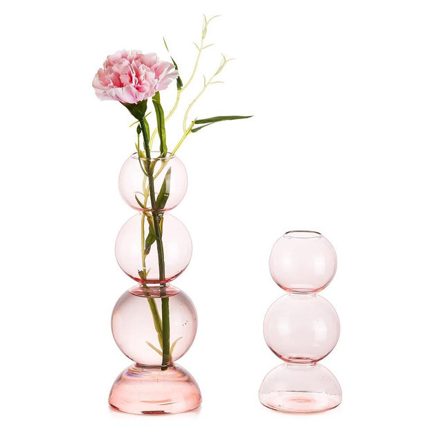 Glass Bubble Vases for Flowers, Hewory 2pcs Pink Unique Cute Single Flower Vase for Centerpieces, Funky Aesthetic Vase Skinny Bud Vase, Cool Groovy Decor for Home Living Room Bedroom Office Tabletop