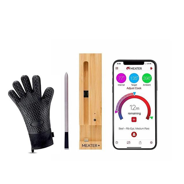 Meater + Plus 165 ft Long Range Smart Wireless Meat Thermometer for The Oven Grill Kitchen BBQ Smoker Rotisserie with Bluetooth and WiFi Digital Connectivity Bundled with BBQ Grill Black Glove