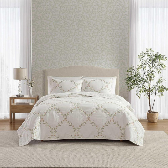 Laura Ashley - Full/Queen Quilt Set, Super Soft & Breathable Embroidered Bedding with Matching Sham(s), Floral Home Decor (Floral Embroidery Pink, Full/Queen)