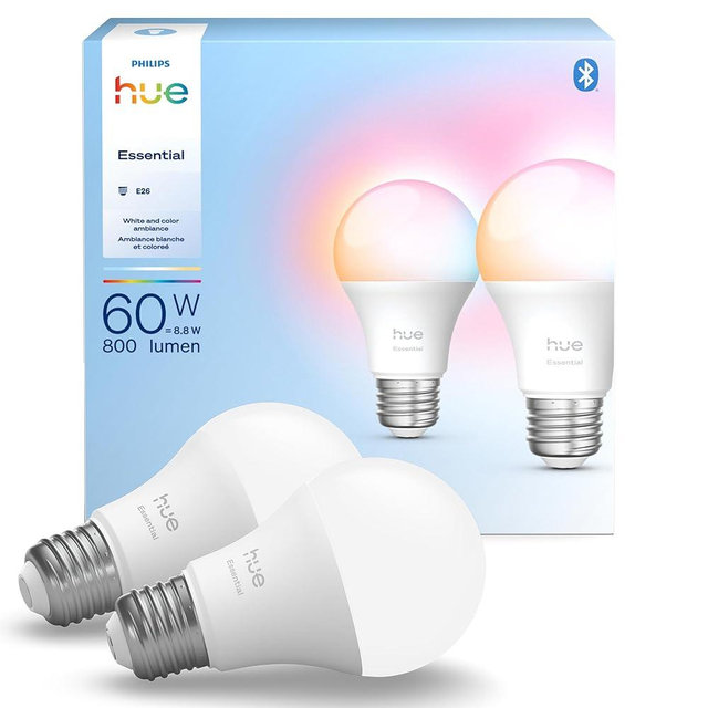 Philips Hue Essential Smart LED A19 Bulb, White and Color Ambiance, E26 Base, 8.8W, 2200K-6500K, 800 Lumens, Dimmable, Works with Alexa, Google, and Apple Home, 2-Pack
