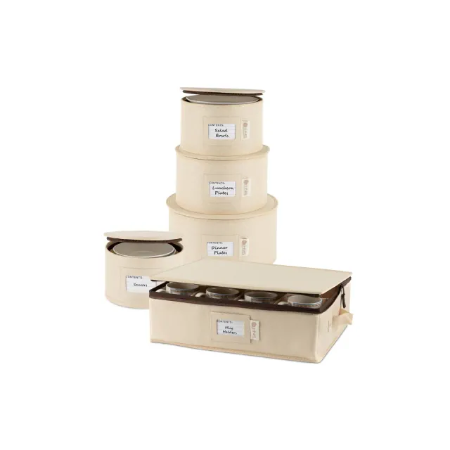 Hard Shell China Storage Containers 5-Piece Set Moving Boxes for Dinnerware, Glasses, Plates, Mugs and Saucers - Service for 12 - Beige
