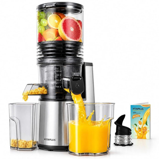 VITAPLUS Cold Press Juicer with Stainless Steel Auger，High Juice Yield Slow Masticating Juicer for Juice & Nut Milk, Lab-Certified Food-Safe, AC Motor, 5.8" Whole-Fruit Chute, BPA-Free,Easy Clean