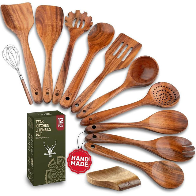 12 Pcs Wooden Cooking Utensils Set – Luxury Wooden Kitchen Utensils with Holder, Versatile Wooden Spoons for Cooking & Durable Teak Wood Utensil Set for Modern Home - Cooking spoons with Spatula