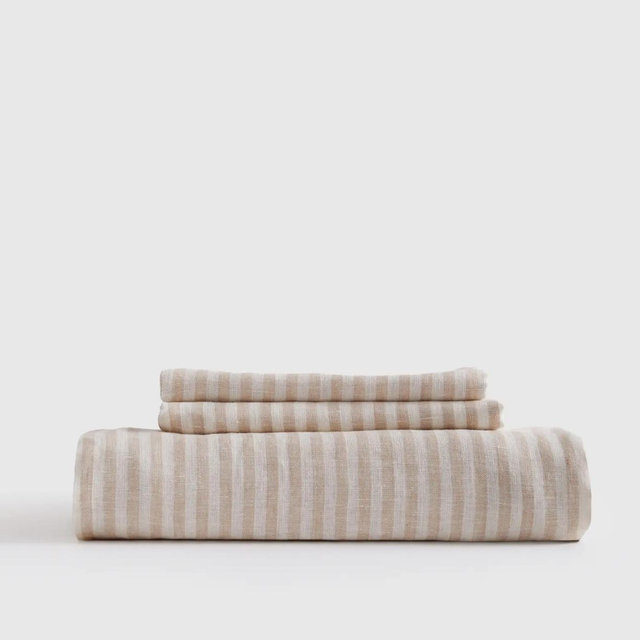 Linen Fitted Sheet Set | Natural / White Stripe | Queen