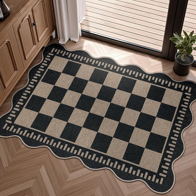 LORWER Checkered Easy Jute Kitchen Rug, 2x3 Non Slip Washable Door Mat Neutral Black Indoor Outdoor Area Rug, Farmhouse Low Pile Floor Rugs for Entryway Porch Doorway