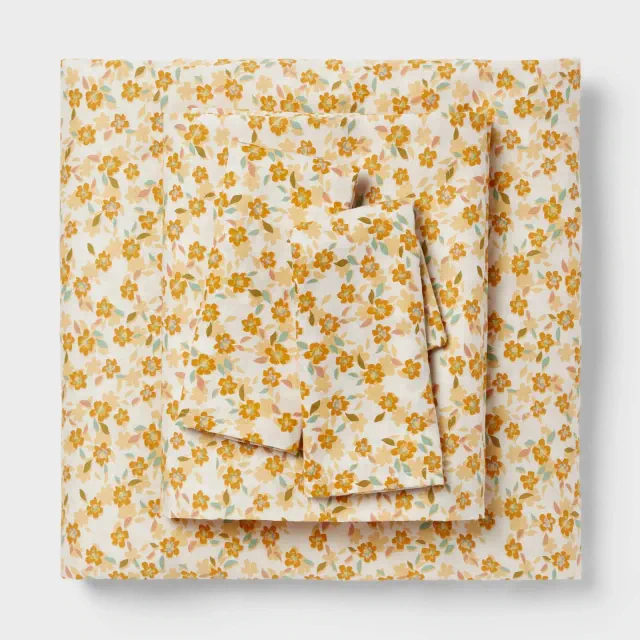 King Cotton Blend Sateen Sheet Set Yellow Floral - Room Essentials™