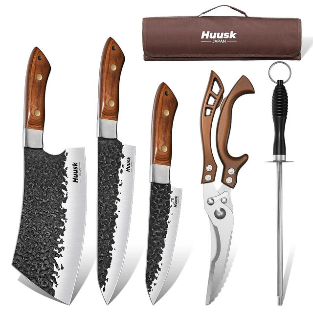 Huusk Chef Knife Set 5 PCS - Hand Forged High Carbon Steel Butcher Knife Set with Poultry Shears & Sharpening Rod, Cooking Knives with Bag for Grill BBQ Camping, Gifts for Men and Women