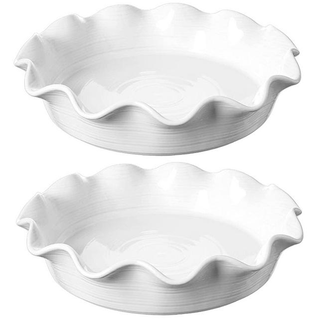 LE TAUCI Ceramic Pie Pans for Baking, 11 Inches Deep Dish Pie Plate for Apple Pie, Pot Pie, 46 Ounce Baking Dish with Ruffled Edge, Set of 2, White