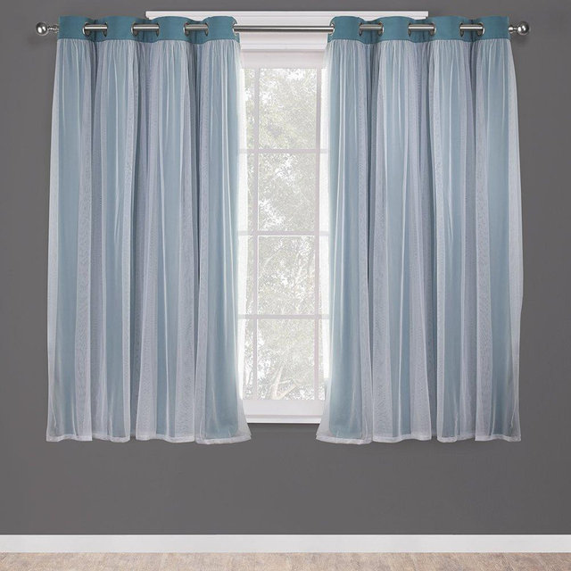 TOWN & COUNTRY LUXE Exclusive Home Catarina Layered Solid Room Darkening Blackout and Sheer Grommet Top Curtain Panel Pair, 52x63, Turquoise 2 Count