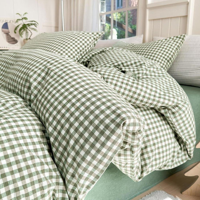 LifeTB Green Gingham Comforter Set Full Size Boho Plaid Checkered Pattern Comforter Geometric Grid Plaid Printed Bedding Comforter Set with 2 Pillowcases Fluffy Soft Gingham Bedding Set Full Size