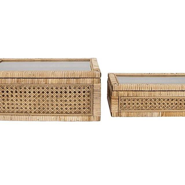 Creative Co-op Woven Rattan Glass Lids & Fir Wood Frame (Set of 2 Sizes) Display Boxes, Beige