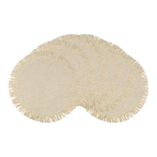 REGALWOVEN Rustic Tassel Rattan Round Wipe Clean Placemats 15 x 15 Inch 6 Pcs Beige