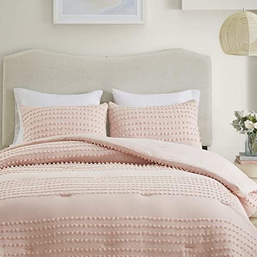 Comfort Spaces Phillips Comforter Reversible 100% Cotton Face Jacquard Tufted Chenille Dots Ultra-Soft Overfilled Down Alternative Hypoallergenic All Season Bedding-Set, Full/Queen, Blush