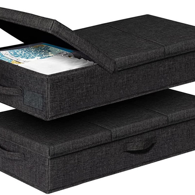 Underbed Storage Containers With Lids, Set of 2 Low Profile Under Crib Storage Bins W/ 3Handles, Large & Sturdy Under Bed Clothes Drawer Organizers Box for Dorm Room Couch Sofa Closet Basement - Black