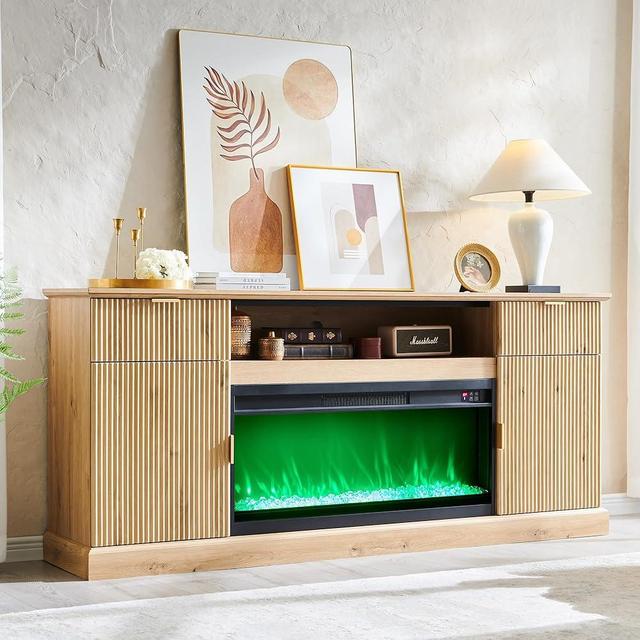 IFGET Fluted Fireplace TV Stand for TVs Up to 80 inch, Modern Entertainment Center with 36" Electric Fireplace, Wood Media Console w/Drawers and Adjustable Shelves for Living Room, Natural