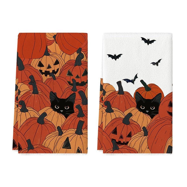 Artoid Mode Black Cat Pumpkin Halloween Kitchen Towels Dish Towels, 18x26 Inch Farmhouse Bats Jack-O'-Lantern Decoration Hand Towels Set of 2