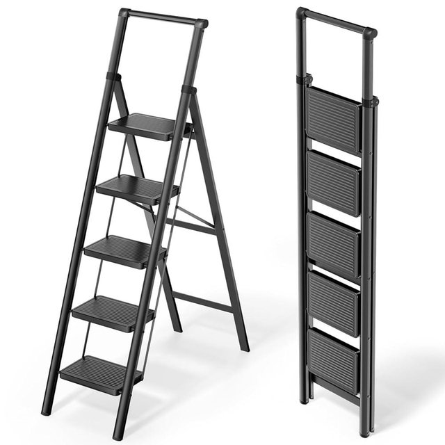 WOA WOA 5 Step Ladder, Foldable Ladder with Wide Pedals and Handle, Sturdy Ladders for Home and Kitchen with Anti-Slip Feet, Supports up to 330 lbs - Black