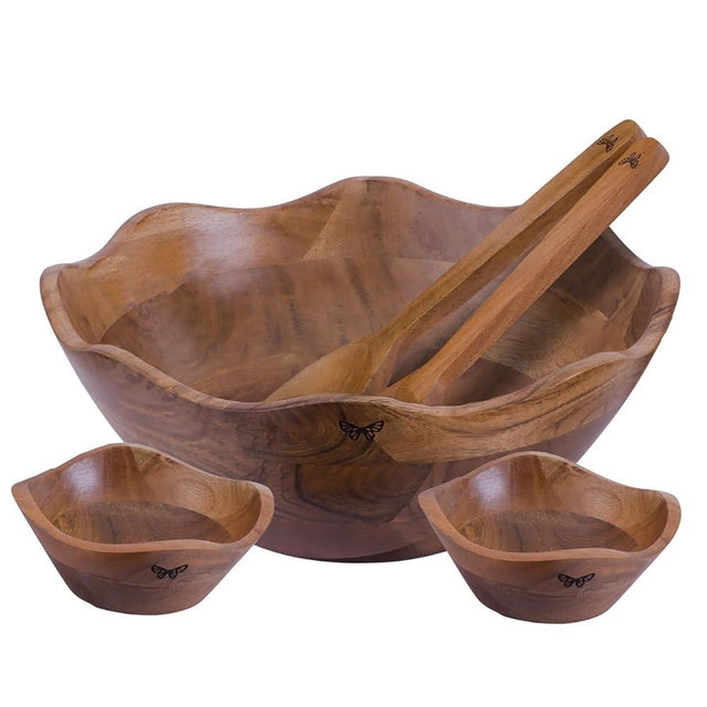 1 Wooden Large Salad Bowl & 2 Multipurpose Bowls with 2 Servers (Set of 5) | One 12" & Two 6 inch Wide Acacia Wood bowls | Mixing & Serving