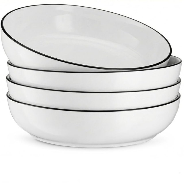 KooK Pasta Bowl Set, For Soups and Salads, Serving Bowls, Large Capacity, Microwave & Dishwasher Safe, Set of 4, 40 oz, Black Rim, French