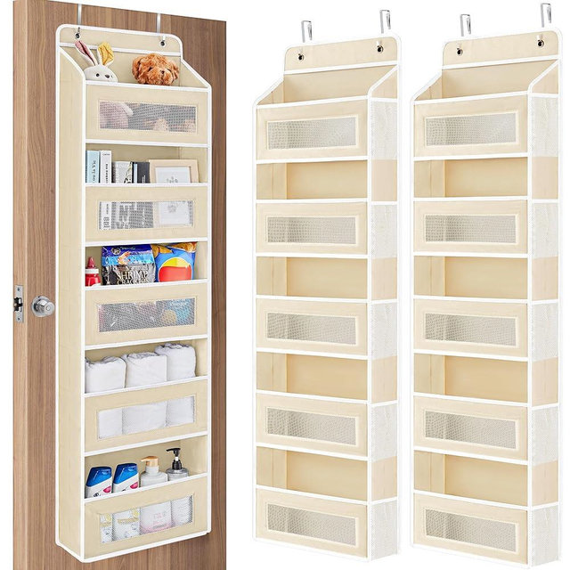 JARLINK 2 Pack Over The Door Organizer Storage, 5 Shelf Hanging Door Organizer with 5 Large Capacity Pockets, Anti Tilt 44 lb Load Behind Door Storage for Bedroom, Bathroom, Pantry, Nursery, (Beige)