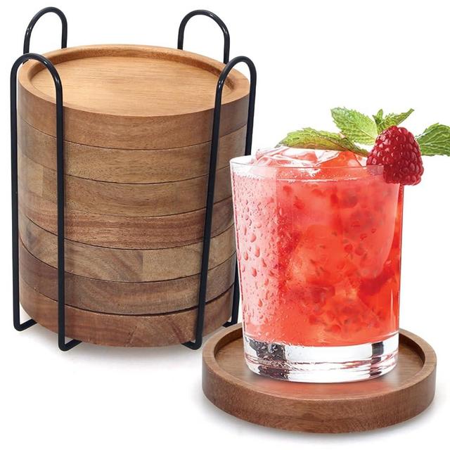 Rustic Wooden Coasters Set of 8 Farmhouse Coasters Acacia Wood Drink Coaster with Holder Cool Beer Cup Coaster Modern Outdoor Bar Coasters Decorative Beverage Barrel Coffee Table Coasters Gift