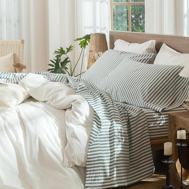 MooMee Striped Sheet Set 100% Washed Cotton Linen Like Textured Breathable Durable Soft Comfy (Heathered Green Classic Stripes, Queen)