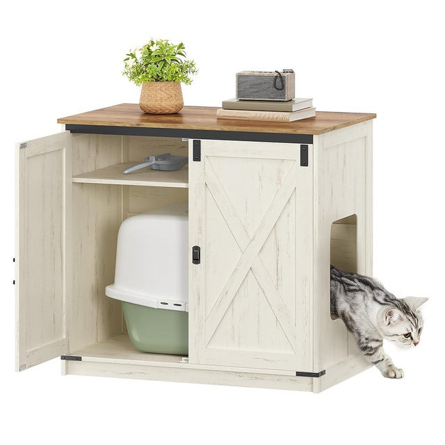 Hzuaneri Cat Litter Box Enclosure, Hidden Litter Box Furniture Cabinet with Storage, Reversible Entrance Left or Right Side,Cat House, Farmhouse, 31.5x19.7x31.3 Inches, Rustic Brown and White CB85414X