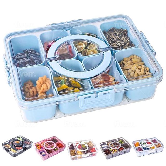 KEYVOZ Snackle Box Container with Lid- Travel Charcuterie Box with Handle - Organizer for Candy, Fruit, Nuts, Veggies, Snacks, Beach Essentials, Portable Lunch Box (Blue, Large)