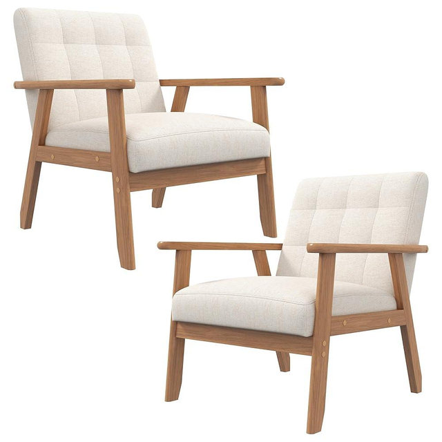 Westice Accent Chair Set of 2, Mid-Century Modern Living Room Chairs with Solid Wood Frame & Soft Thicken Cushion, Upholstered Arm Reading Chair for Bedroom, Balcony, Beige Linen Fabric & Natural Legs