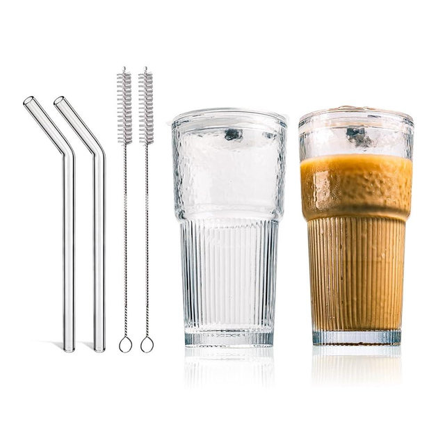 20oz Glass Tumblers with Lids and Straws - Stylish Vintage Ribbed Design for Iced Coffee, Juice, Smoothies, Milkshakes, Cold Beverages & Whiskey Cocktail Beer - Includes Cleaning Brush (2pack-Frosted)