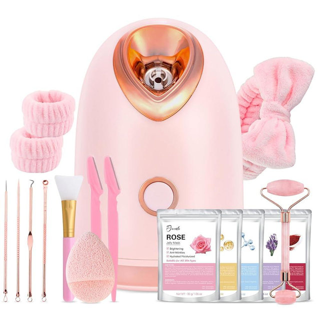 Pjordo Facial Steamer Spa Kit with 17 Skin Care Tools, Nano Ionic Face Steamer for Deep Cleaning Unclogs Pores, Warm Mist Humidifier Steamer for Face Home Sauna SPA, Self Care Gifts for Women