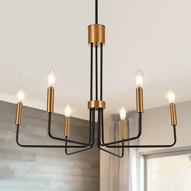 Peblto Black Gold Farmhouse Candle Chandeliers, Modern Metal 6-Light Dining Room Light Fixture, Vintage Classic Hanging Chandelier for Dining Room, Living Room, Foyer, Hallway
