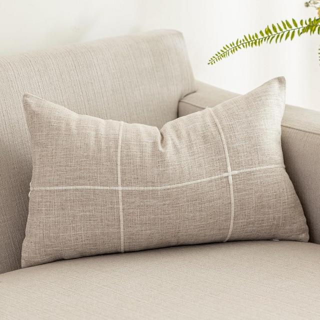 vctops Rustic Lattice Cotton Linen Decorative Throw Pillow Cover Embroidery Lumbar Cushion Cover Pillowcase for Sofa Bedroom Couch (Plaid Coffee, 12"x20")