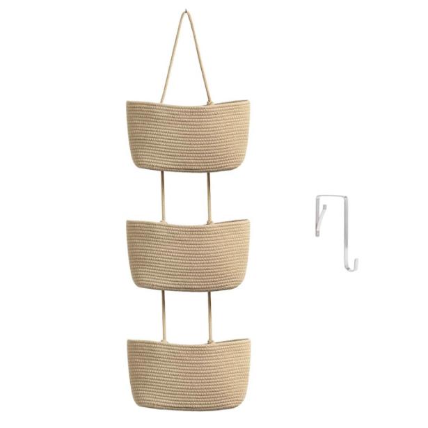 TeoKJ Over the Door Hanging Basket, 3-Tier Woven Cotton Wall-Mounted Storage Organizer Bag Decorative Hanging Kitchen Baskets - Jute