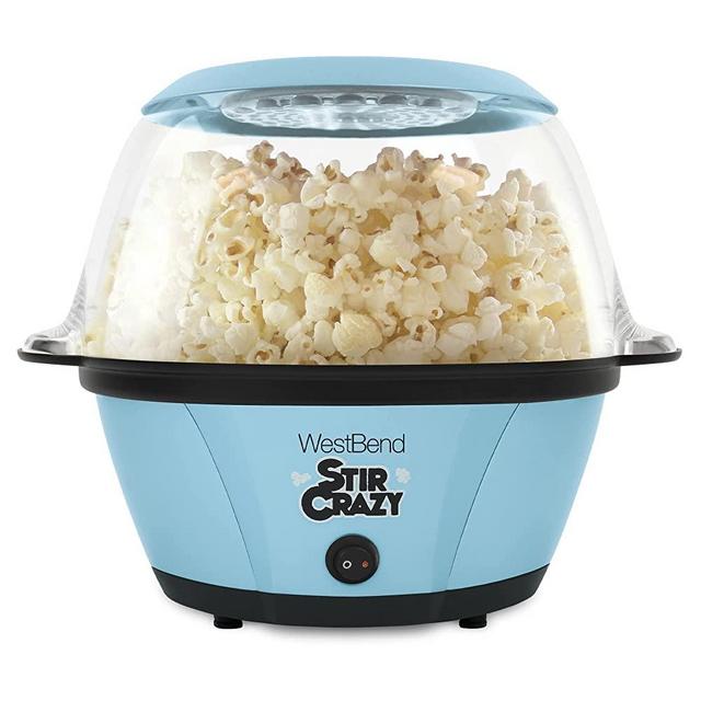 West Bend Stir Crazy Popcorn Machine, Electric Hot Oil with Stirring Rod and Serving Bowl, 6-Quart, Blue