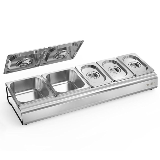 Onlyfire Pizza Topping Station, Stainless Steel Condiment Seasoning Containers with Lid and 5 Compartment Trays for Prepping Ingredients and Toppings, Pizza Oven Accessories Outdoor