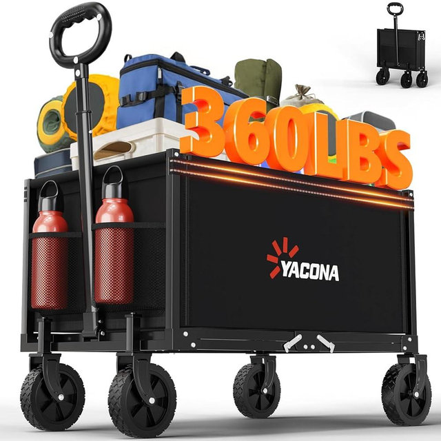 YACONA 3 in 1 Wagons Carts Foldable, 360LBS Lightweight Wagon with All Terrain Wheels, Collapsible Wagon Cart for Grocery, Camping, Beach, Garden & Sports