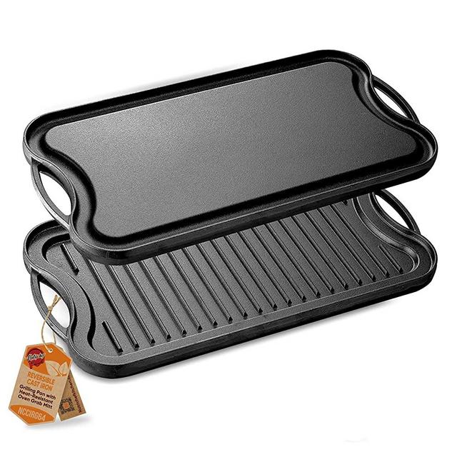NutriChef Reversible Plate-PFOA & PFOS Free Oven Safe Flat Cast Iron Skillet Griddle Grilling Pan w/Scraper for Electric Stovetop, Ceramic NCCIRG64